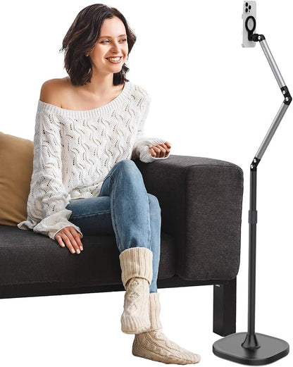 TELESIN° Magnetic Phone Tablet Floor Stand, Aluminum Alloy Phone Holder Stand for Video Recording, Overhead Bed/Sofa Phone Mount Height Adjustable Ultra Stable Base for Magsafe/iPhone/Android/iPad