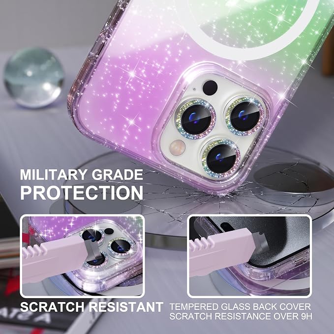 Choiche for iPhone 15 Pro Max Case Magnetic, Women Clear Glitter Bling Sparkly Case, [3xDiamond Camera Lens Protectors] [2xTempered Glass Screen Protectors] [Compatible MagSafe] (Glitter Colorful)