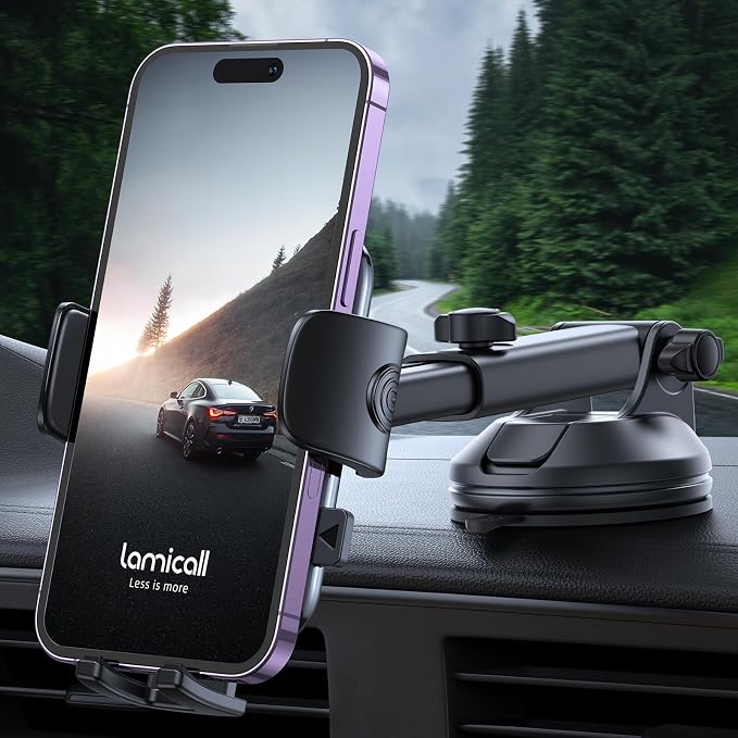 Lamicall Car Phone Mount - [Strongest Military-Grade Suction Cup] 360° Rotation Phone Holders for Your Car Quick Release Adjustable Phone Mount for Car Dashboard for iPhone 17 16 Pro Max Dark Grey