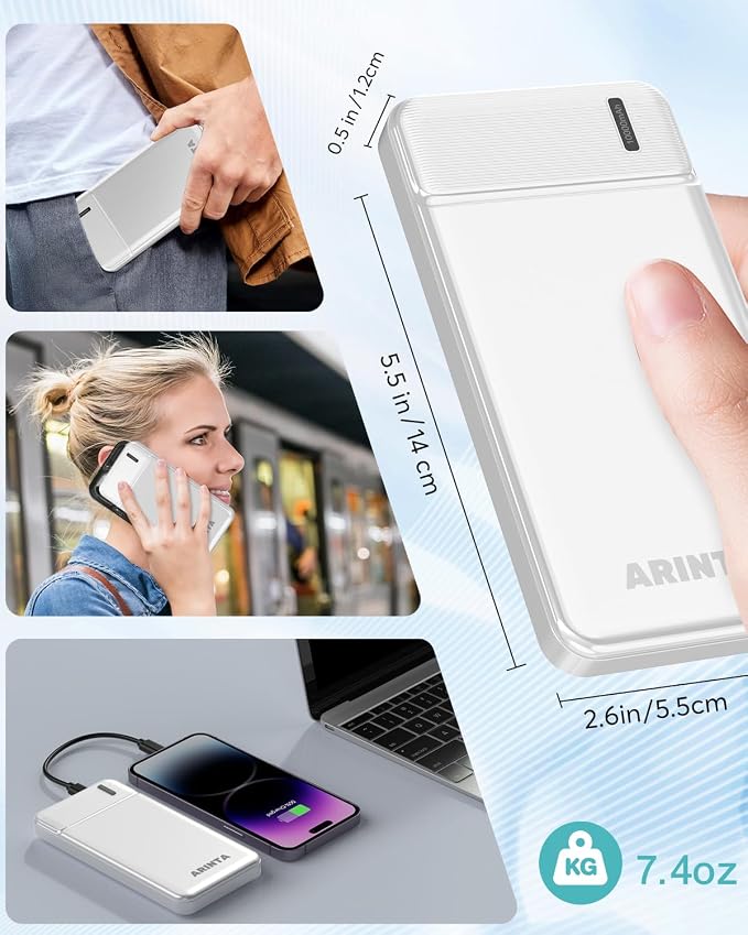 5V 2.4A Power Bank Portable Charger 10000mAh, Battery Pack Ultra Slim with USB-C Input/Output, Travel Essentials, Compatible for Smartphones & Tablets, Gifts for Men Women. (White)