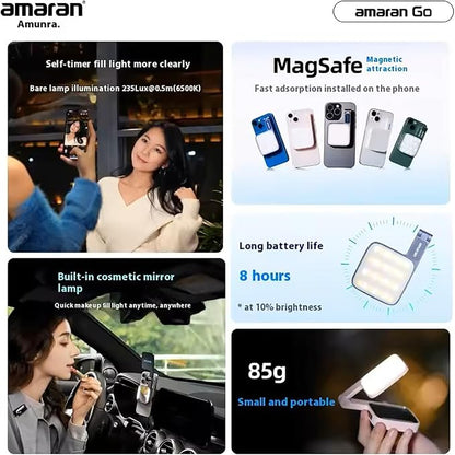 Magnetic Selfie Phone Light,Amaran Go Dual LED Light Source with Adjustable Mirror Light CCT 2700K-6500K,Rechargeable for Selfie,Makeup,Video Conference,TikTok,for iPhone & Android (Blue)