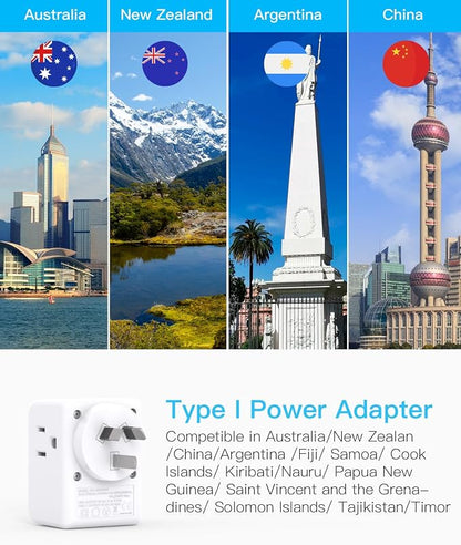 One Beat 2 Pack Australia New Zealand Travel Plug Adapter, Type I Plug Adapter with 3 American Outlets and 3 USB Ports (2 USB-C), Travel Essentials for USA to Australia, Argentina, China, Fiji