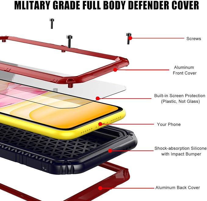 Mitywah Waterproof Case for iPhone 11, Heavy Duty Military Grade Armor Metal Case, Full Body Protective Shockproof Dustproof Strong Rugged Thick Case for iPhone 11, Red