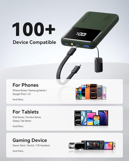 INIU Ultra Compact Power Bank, 10000mAh 45W Fast Charging Portable Charger with Detachable USB-C Cable & Stand, Flight-Safe Travel Battery Pack for Business Trip, Hiking, Cycling, Outdoor, Green