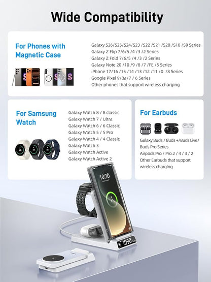 Magnetic Wireless Charger for Samsung, 3 in 1 MagSafe Charging Station for Samsung Galaxy Z Fold/Flip 7/S26 Ultra/S25 Ultra, Foldable Charger for Samsung Galaxy Watch Ultra/8/7/Galaxy Buds4 (White)