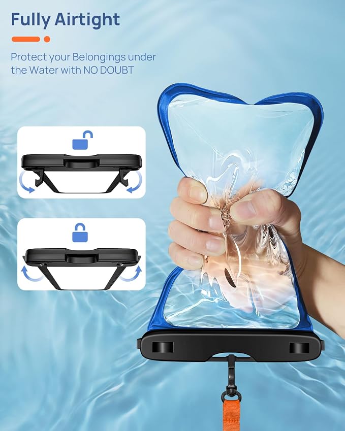 Lanhiem 10.5" Large Waterproof Phone Pouch, 2 Pack Universal IPX8 Waterproof Dry Bag with Lanyard for iPhone 16 15 14 Pro Max, Samsung Galaxy S24 S23 S22 Ultra, S23 FE, Pixel 9 8 Pro, Black+Blue