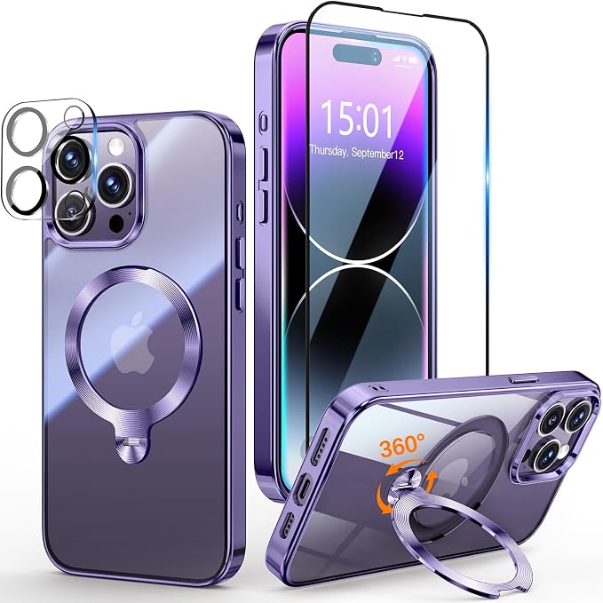 [Tri-Shield Protection] for iPhone 14 Pro Max Case with 360° Spin Stand Compatible with MagSafe [Magnetic CD Ring][Screen & Camera Lens Protector]Shockproof Plating Never-Yellowing, Purple-6.7"