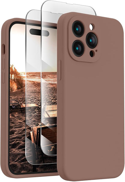 FireNova Designed for iPhone 14 Pro Max Case, Silicone Upgraded [Camera Protection] Case with [2 Screen Protectors], Soft Anti-Scratch Microfiber Lining Inside, 6.7 inch, Light Brown