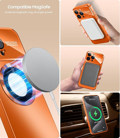 Magnetic for iPhone 15 Pro Max Case, Compatible with MagSafe, Built-in Camera Lens Protector, Logo View, Military Grade Drop Proof Phone Cover, Orange