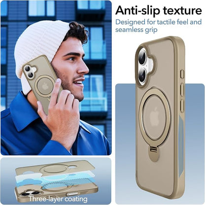 Anqrp 360° All-in-ONE Stand Case for iPhone 16 Case with Rotatable Magnetic Kickstand Ring Holder, Compatible with MagSafe, MIL-Grade Shockproof iPhone 16 Phone Case Cover 6.1 inch, Titanium Gold
