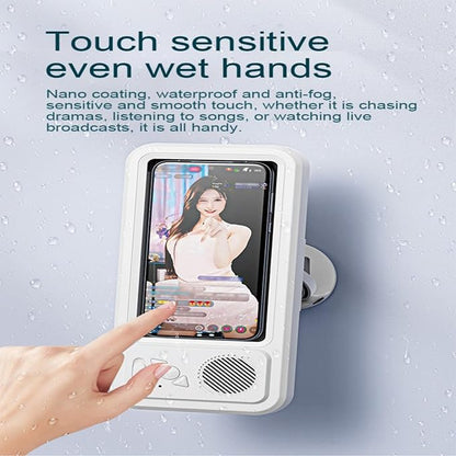 Shower Phone Holder Waterproof with Bluetooth Speaker | 2026 New IPX6 Anti-Fog, 480° Rotatable | Bathroom Case with Speaker Holes | Fits 4-7" Cell Phones & iPhone | Bathroom Wall Mirror