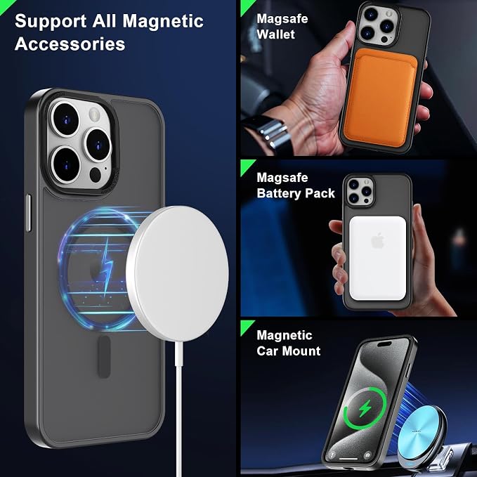 MOCCA Strong Magnetic for iPhone 15 Pro Max Case, [Compatible with Magsafe][13FT Military Drop Protection] Slim Translucent Matte Shockproof Case for iPhone 15 ProMax Case 6.7'',Titanium Black