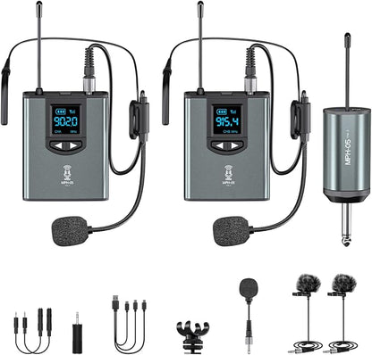 ttstar Wireless Microphone System Headset/Stand/Lavalier Mic with Rechargeable Bodypack Transmitter Receiver for PA Speaker, Camera, Recording, Teaching, Church (2T1R-Steel)