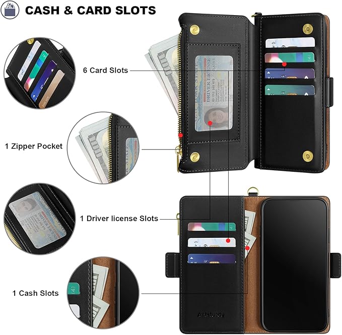 Antsturdy Compatible with iPhone 16 Plus Wallet Case,RFID Blocking PU Leather Phone Case Women Men Kickstand flip Cover Wrist Strap Zipper Credit Card Holder Slots for Apple 16 Plus 6.7",Black