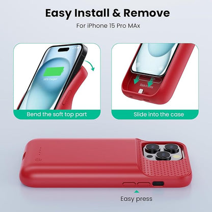Battery Case for iPhone 15 Pro Max,Powerful 8600mah Ultra-Slim Protective Charging Case,15W Fast Charging Portable Rechargeable Expandable Battery Charger Cover for iPhone 15 Pro Max(6.7inch)-Red