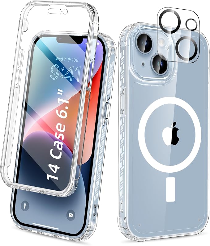 Compatible with iPhone 14 Case Clear, Built-in Screen Protector, with Camera Lens Protector, [Compatible with MagSafe] Full Body Phone Case, Magnetic Protective Cover for 14 6.1" (Clear)