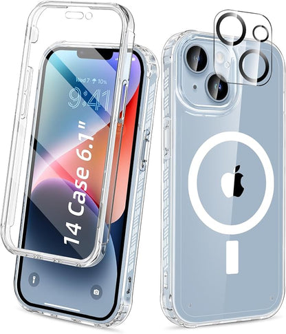 Compatible with iPhone 14 Case Clear, Built-in Screen Protector, with Camera Lens Protector, [Compatible with MagSafe] Full Body Phone Case, Magnetic Protective Cover for 14 6.1" (Clear)