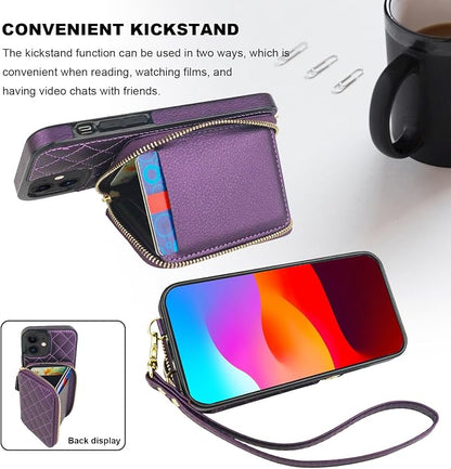 Bocasal Crossbody Wallet Case for iPhone 12/12 Pro, RFID Blocking PU Leather Zipper Handbag Purse Flip Cover, Kickstand Folio Case with Card Slots Holder Wrist Strap Lanyard 5G 6.1 Inch (Dark Purple)