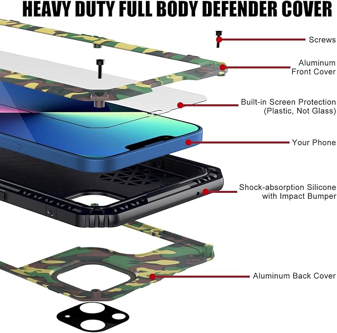 Mitywah Waterproof Case for iPhone 13, Heavy Duty Military Grade Protection Phone Case with Built-in Screen Protector, 360° Full Body Protection Metal Armor Dropproof Case 6.1 inch, Camouflage