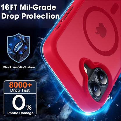 MOCCA Strong Magnetic for iPhone 16 Case, [Compatible with Magsafe][16FT Mil-Grade Drop Protection] Slim Thin Translucent Matte Protective Cover Case for iPhone 16 Phone Case 6.1", Red