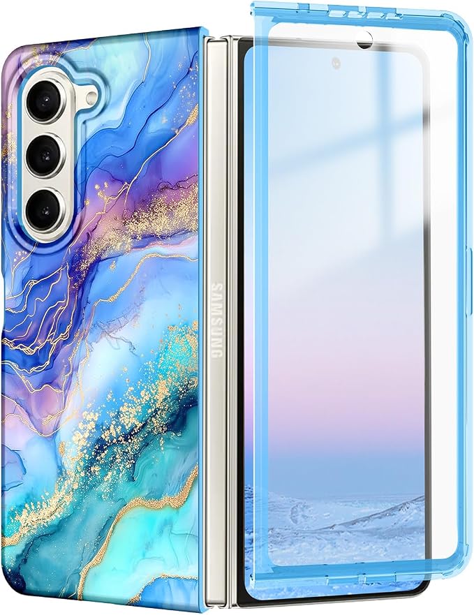Btscase for Samsung Galaxy Z Fold 5 Case,Built in Front Screen Protector,Gold Glitter Marble Pattern Hard PC Slim Shockproof Full Body Drop Protective Case for Galaxy Z Fold 5 5G, Light Blue