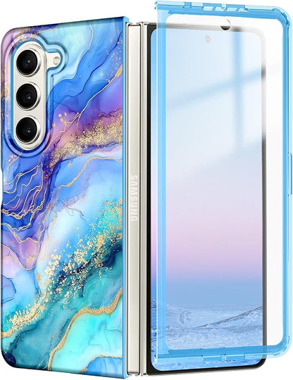 Btscase for Samsung Galaxy Z Fold 5 Case,Built in Front Screen Protector,Gold Glitter Marble Pattern Hard PC Slim Shockproof Full Body Drop Protective Case for Galaxy Z Fold 5 5G, Light Blue
