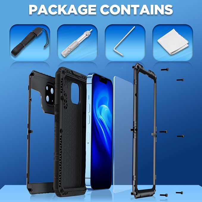 Mitywah Waterproof Case for iPhone 13, Heavy Duty Military Grade Drop Protection Phone Case with Built-in Screen Protector, 360° Full Body Protection Metal Armor Dropproof Case 6.1 inch, Black