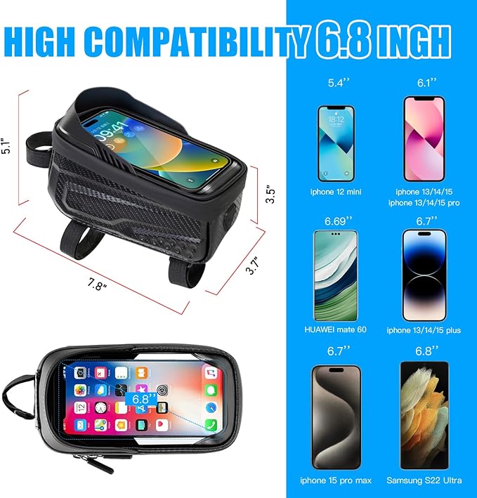 Bike Bag,LLTTLTMM,Bicycle Bag Waterproof,Bike Bags For Bicycles,Bike Frame Bag,Bike Phone Holder,Bike Accessories For Adult Bikes,Long Extension Strap, Top Tube Bike Bag Under 7", Large Capacity