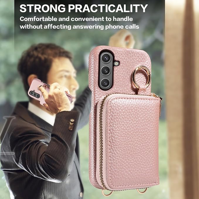 Wallet Case for Samsung Galaxy A26 5G with Shoulder Strap Ring Buckle, Luxury PU Leather Zipper Flip Organ Purse, Credit Card Holder Stand Full Body Cell Phone Cover for A 26 26A LTE Rose Gold