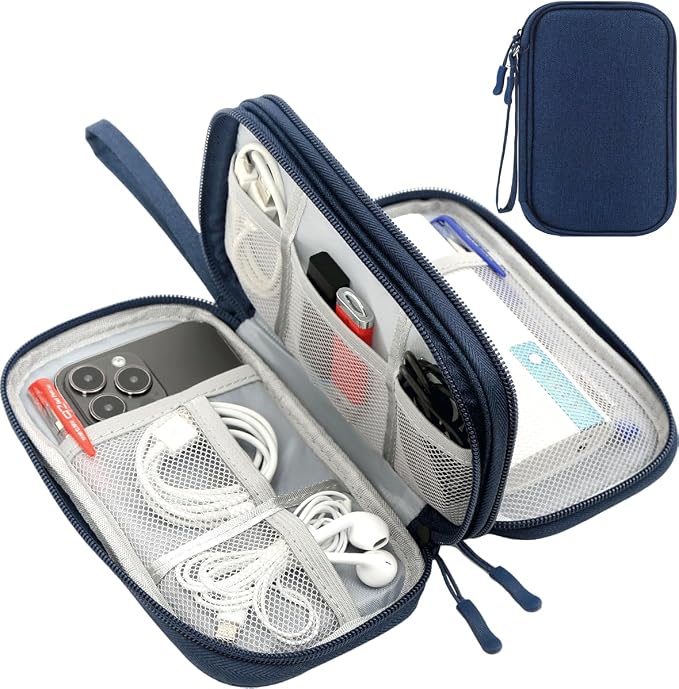 CAAORDKSO Electronic Organizer Travel Cable Accessories Bag, Double Layer Tech Pouch Accessories Carry Case, Travel Essentials for Cable, Cord, Charger, Phone, Power Bank, Earphone (Navy Blue, Large)