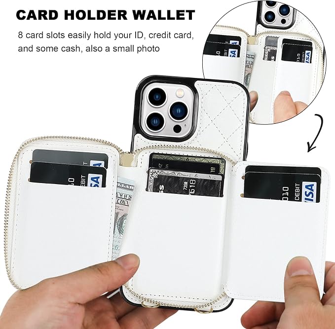 Bocasal Crossbody Wallet Case for iPhone 13 Pro Max, RFID Blocking PU Leather Zipper Handbag Purse Flip Cover, Kickstand Folio Case with Card Slots Holder Wrist Strap Lanyard 5G 6.7 Inch (White)