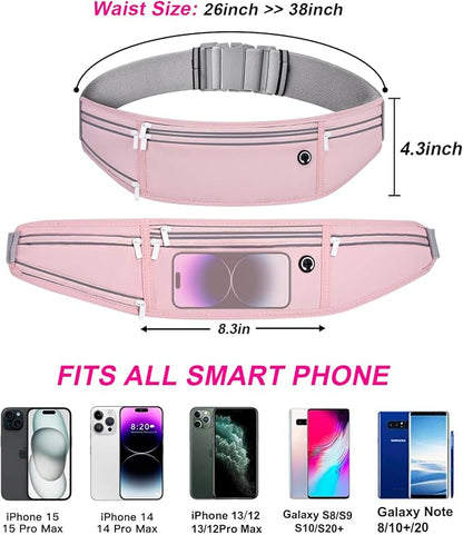 Slim Running Belt for Women Men,Runners Fanny Pack Phone Holder,Money Belt,Running Gear Accessories,with 3 Pockets (Jet Pink)