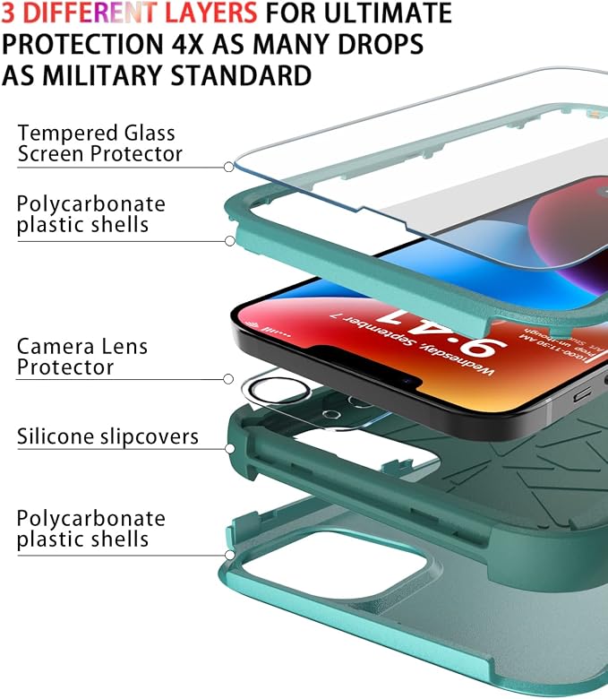 Diverbox for iPhone 14 Case [Shockproof] [Dropproof] [Tempered Glass Screen + Camera Lens Protector],Heavy Duty Protection Phone Case Cover for Apple iPhone 14 (Teal)