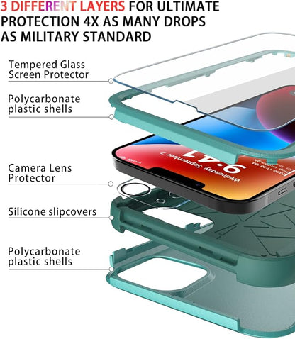Diverbox for iPhone 14 Case [Shockproof] [Dropproof] [Tempered Glass Screen + Camera Lens Protector],Heavy Duty Protection Phone Case Cover for Apple iPhone 14 (Teal)