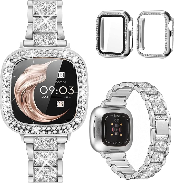 Compatible with Fitbit Versa 4/Sense 2 with Case Women, Jewelry Replacement Metal Wristband Strap with Bling PC Protective Cover for Fitbit Versa 3/Sense (Fitbit Versa 4/Sense 2, Silver)