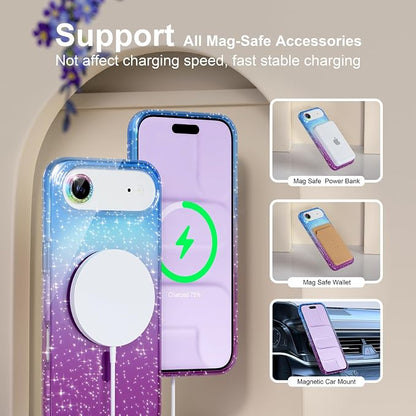 Choiche Magnetic for iPhone 17 Air Case Compatible with MagSafe, Women Cute Glitter Sparkly Phone Case with Diamond Camera Lens Protectors, Military-Grade Drop Protection 6.5" (Blue/Purple)