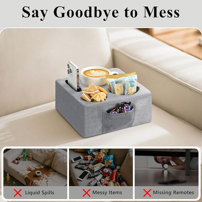Luxspire Couch Cup Holder Tray, Couch Cup Holder Pillow with 4 Holes, Side Pocket and Handle, Couch Caddy Pillow for Phone/Drinks/Remote Control/Snacks, Gray