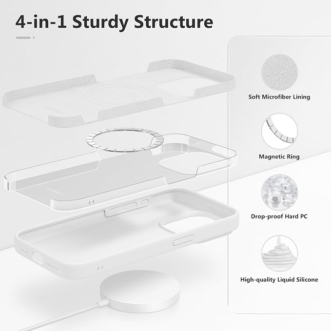 GONEZ for iPhone 15 Pro Max Case Silicone, Compatible with Magsafe, Camera Protector + Screen Protector, Soft Anti-Scratch Microfiber Lining, Liquid Silicone Shockproof Phone Cover, White
