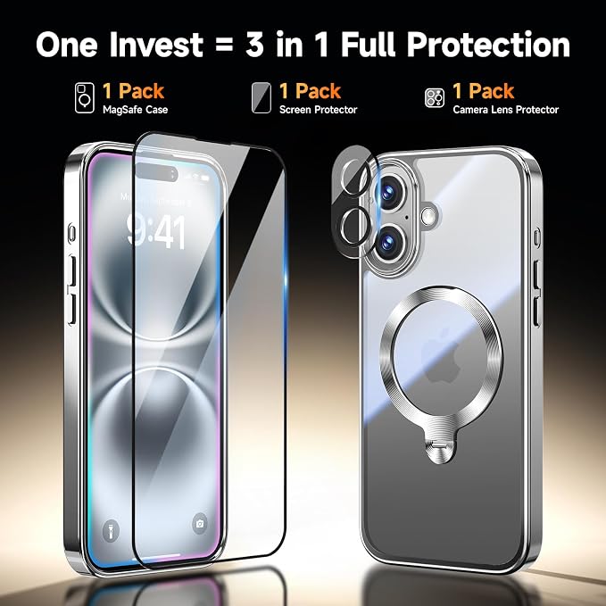 [Tri-Shield Protection] for iPhone 16 Plus Case with 360° Spin Stand Compatible with MagSafe [Magnetic CD Ring][Screen & Camera Lens Protector]Shockproof Plating Never-Yellowing, Natural Titanium-6.7"
