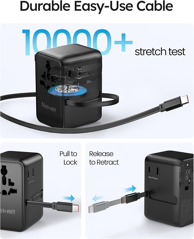 70W Universal Travel Adapter, Nekmit International Power Adapter with Retractable USB C Fast Charger Cable, 6-Port Travel Plug with 2 AC, 2 USB-A and 2 USB-C Ports Compatible with Over 200 Countries