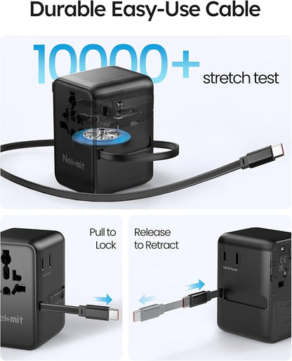 70W Universal Travel Adapter, Nekmit International Power Adapter with Retractable USB C Fast Charger Cable, 6-Port Travel Plug with 2 AC, 2 USB-A and 2 USB-C Ports Compatible with Over 200 Countries