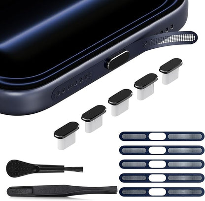 USB C Dust Plug for iPhone 17 Pro Max/ 17 Pro, 5PCS iPhone Speaker Protector & Type C Charging Port Cover Cap for iPhone 17 Pro Max, Earpiece Speaker Mesh Adhesive Stickers with Tweezer, Deep Blue