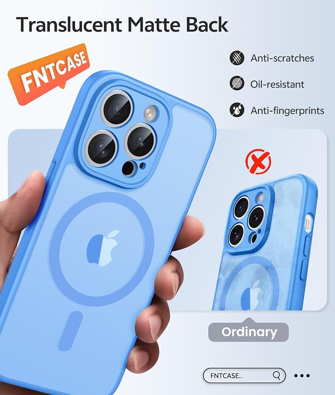 FNTCASE for iPhone 14 Pro Max Case, Fit for Magsafe, Glass Screen Protector | Full Camera Protection, Translucent Matte, 14FT Military Grade Drop Proof, Shockproof Protective Phone Cover, Ice Blue