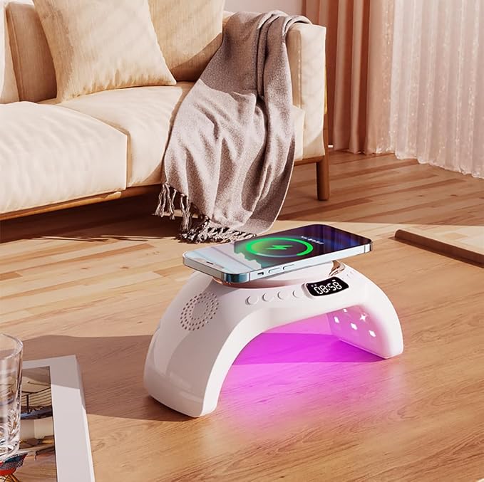5 in 1 mutifunction Mobile Wireless Charger with Bluetooth Speaker, UV Nail Lights, Clock Alarm,Night Light