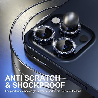 Choiche Compatible for iPhone 15 Pro/iPhone 15 Pro Max Camera Lens Protector Bling, 9H Tempered Glass Camera Cover Screen Protector Metal Ring Decoration Accessories (Glitter-Blue)