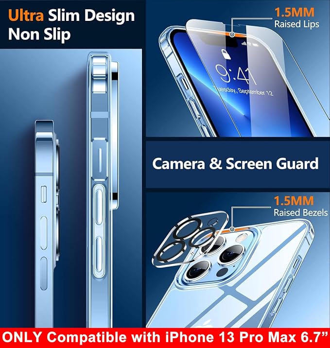 SPIDERCASE Only Designed for iPhone 13 Pro Max Case, Slim Thin Phone Case Only for iPhone 13 Pro Max 6.7", Clear