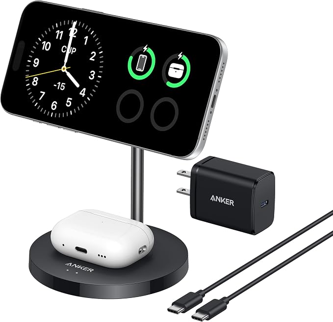 Anker MagSafe Compatible MagGo Charger Stand, iPhone 17 Wireless Charger, 2-in-1 Charging Station, Qi2 Certified 15W Fast Charging, for iPhone 17/16/15/14/13/12, AirPods Pro (40W Adapter Included)