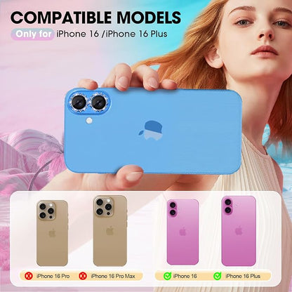 Xfilm for iPhone 16/16 Plus Camera Lens Protector Bling Individual Sun Design Diamond Ring 9H Hardness Scratchproof Protector, Stylish Phone Accessories, Case Friendly (Blue)