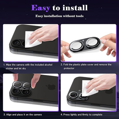 Camera Lens Protector for iPhone 16 / iPhone 16 Plus Camera Lens Protector [Strong Adsorption] [Not Easy to Break] Metal Tempered Glass Rear Camera Screen Cover - Black