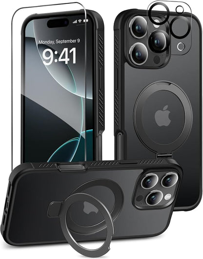 for iPhone 16 Pro Max Case, with Screen Protector + Camera Lens Protector, Built-in Seamless Stand, [Compatible with MagSafe] Protective Shockproof Phone Case, Matte Back Cover for 6.9" - Black